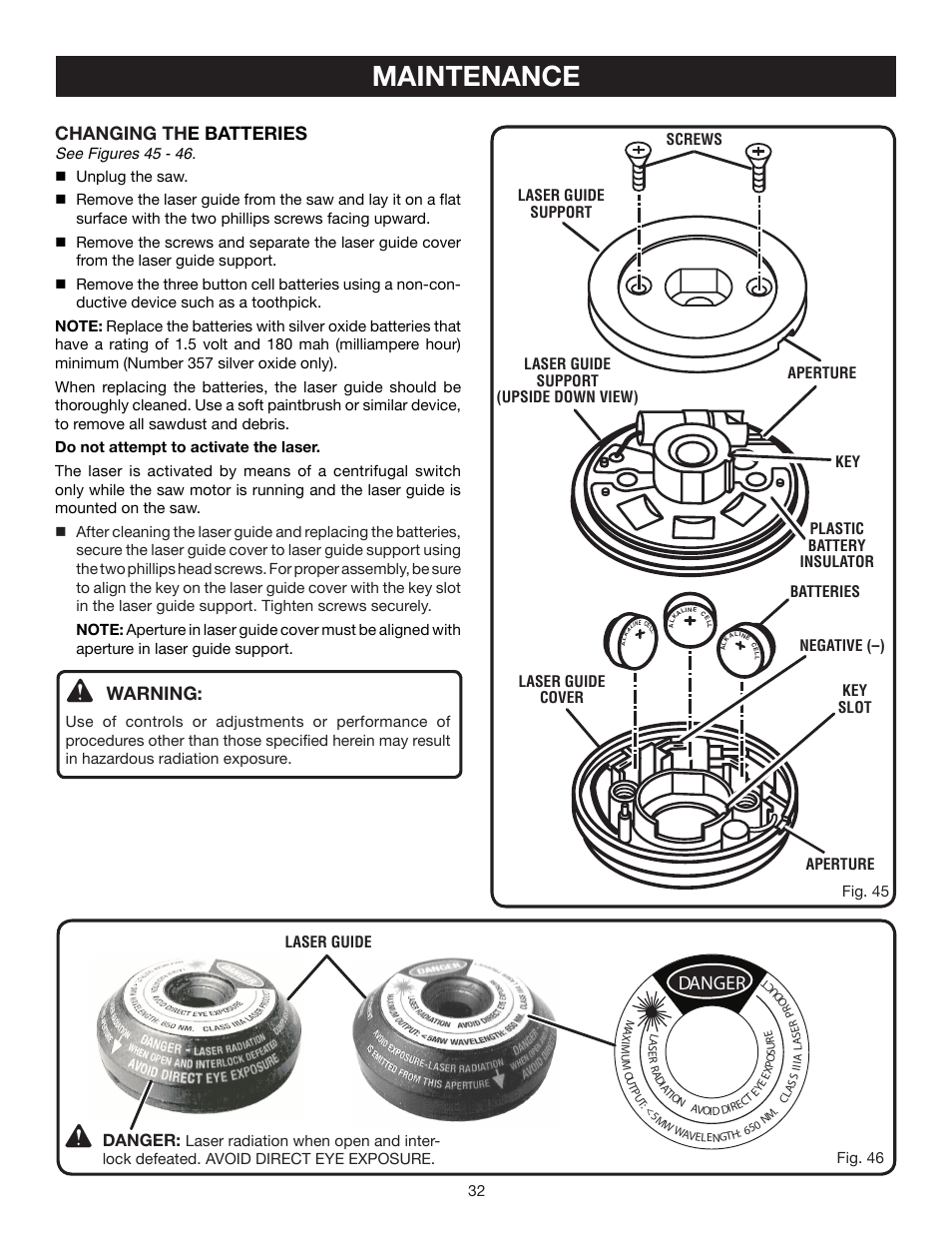 Maintenance, Changing th e batteries, Warning | Danger | Ryobi TS1355L User Manual | Page 32 / 34
