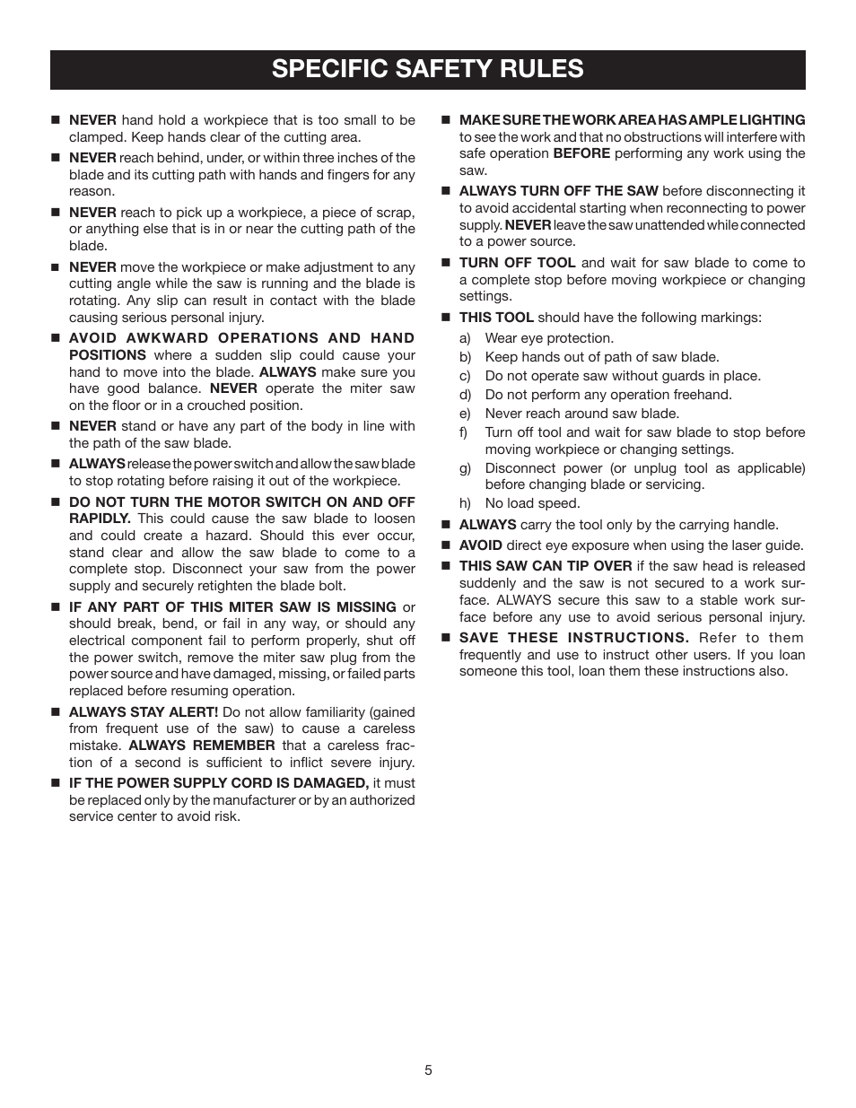 Specific safety rules | Ryobi TS1355L User Manual | Page 5 / 34