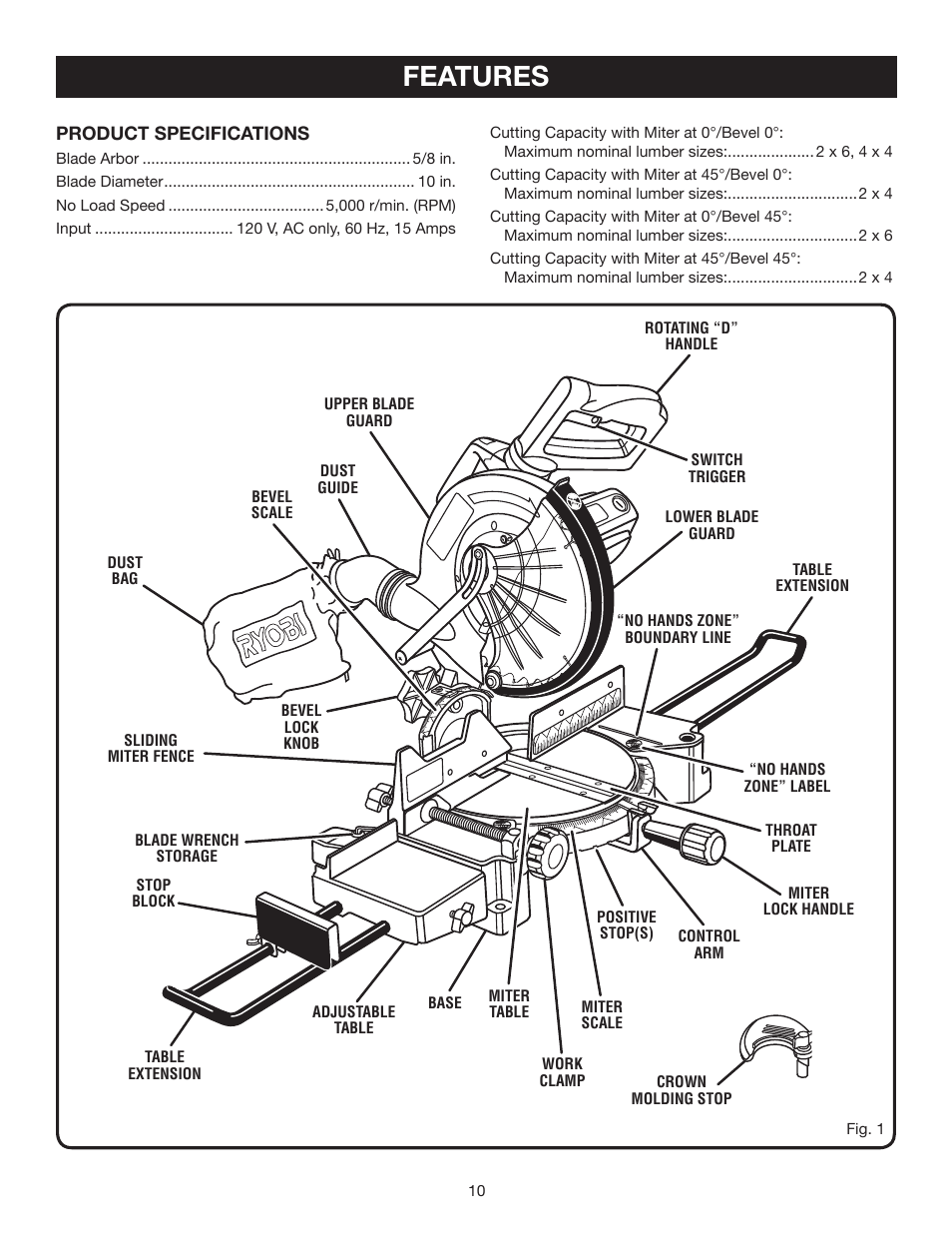Features | Ryobi TS1355LA User Manual | Page 10 / 34