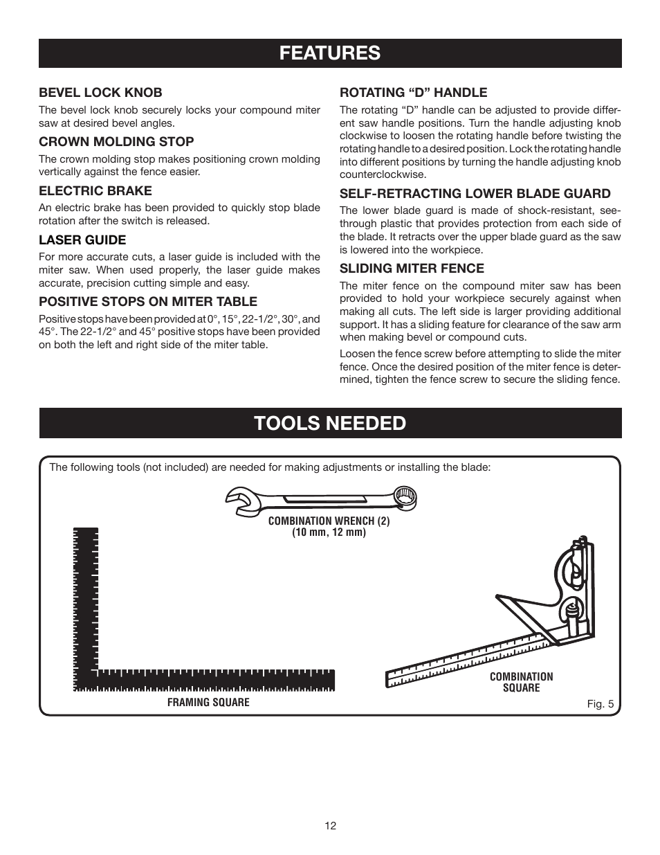 Features, Tools needed | Ryobi TS1355LA User Manual | Page 12 / 34
