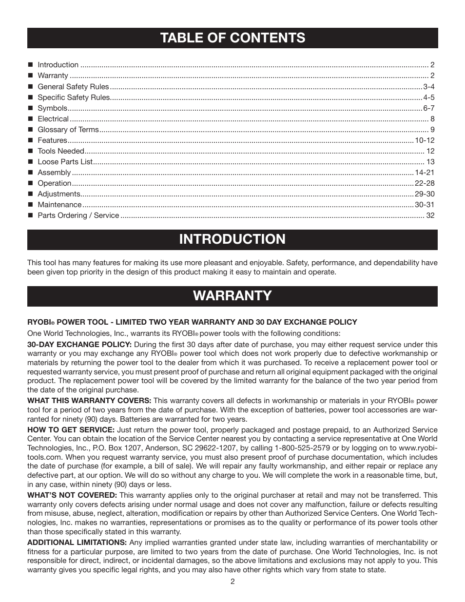 Table of contents introduction, Warranty | Ryobi TS1355LA User Manual | Page 2 / 34