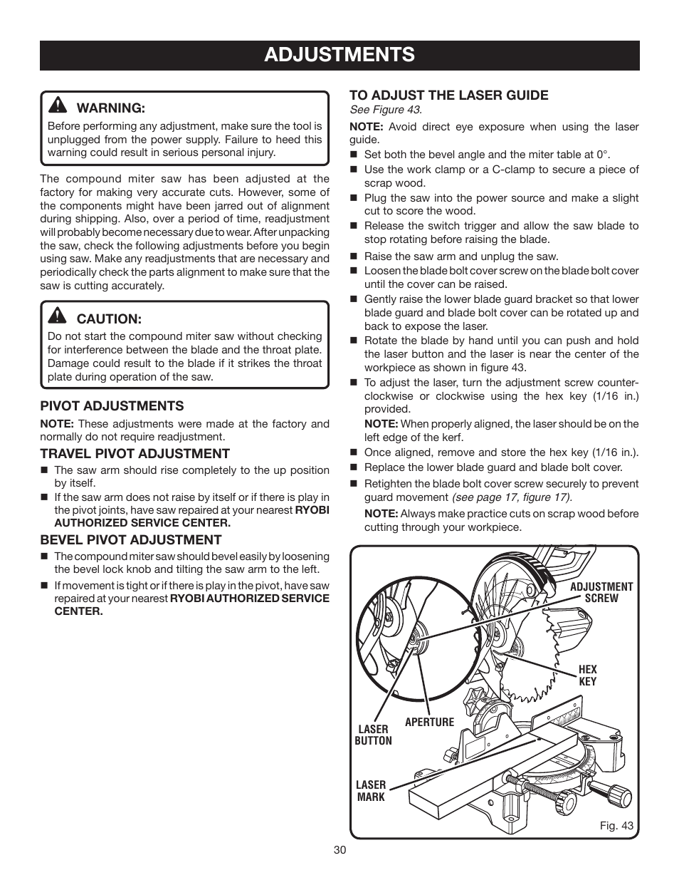 Adjustments | Ryobi TS1355LA User Manual | Page 30 / 34