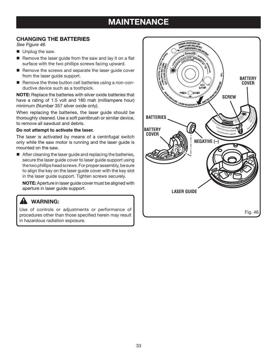 Maintenance, Changing th e batteries, Warning | 33 negative (–) batteries, Screw battery cover battery cover laser guide | Ryobi TS1355LA User Manual | Page 33 / 34