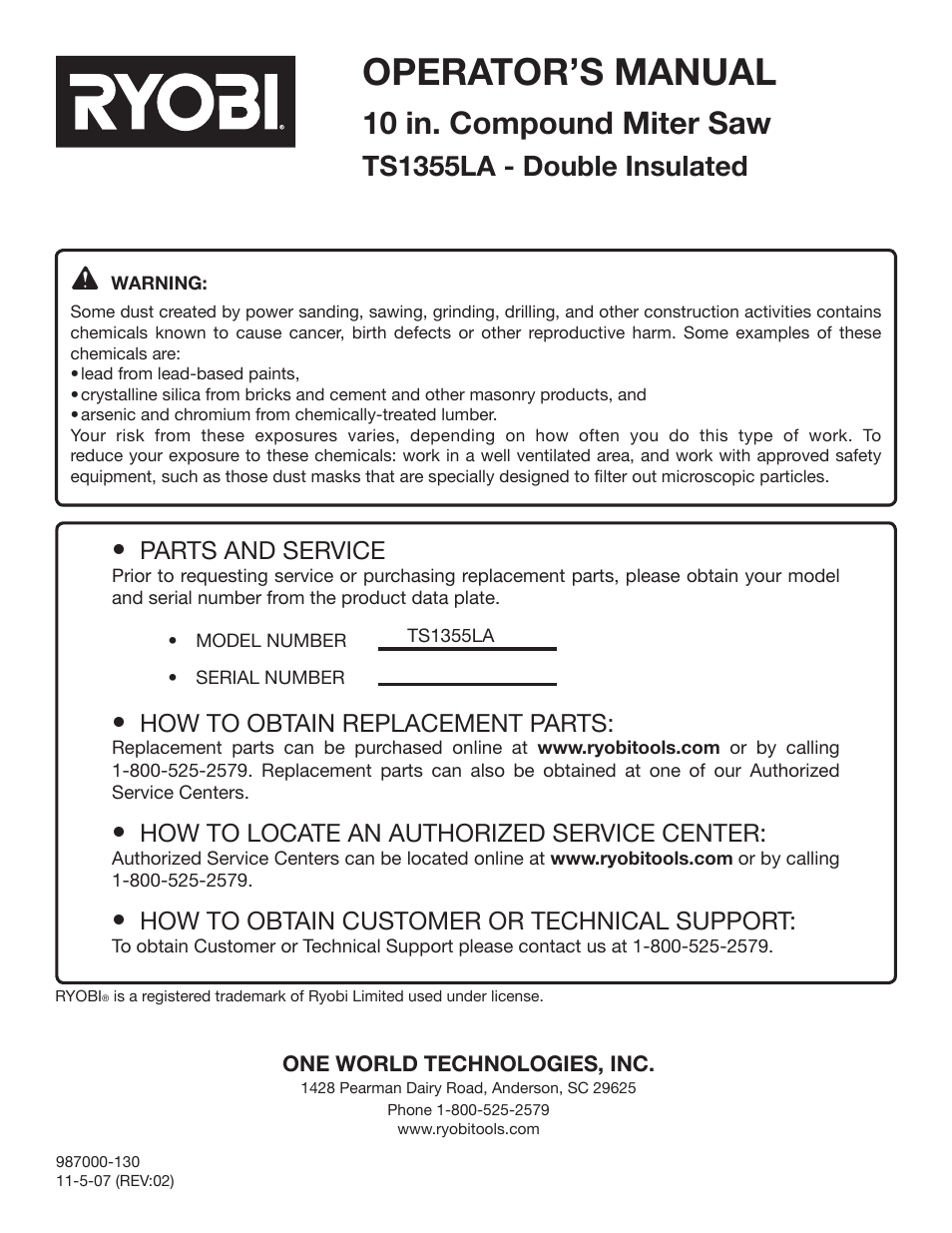 Operator’s manual, 10 in. compound miter saw, Ts1355la - double insulated | Parts and service, How to obtain replacement parts, How to locate an authorized service center, How to obtain customer or technical support | Ryobi TS1355LA User Manual | Page 34 / 34