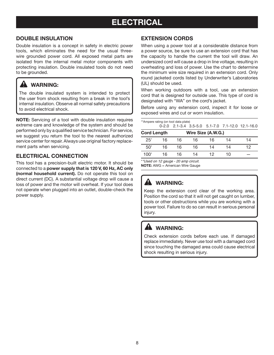 Electrical | Ryobi TS1355LA User Manual | Page 8 / 34