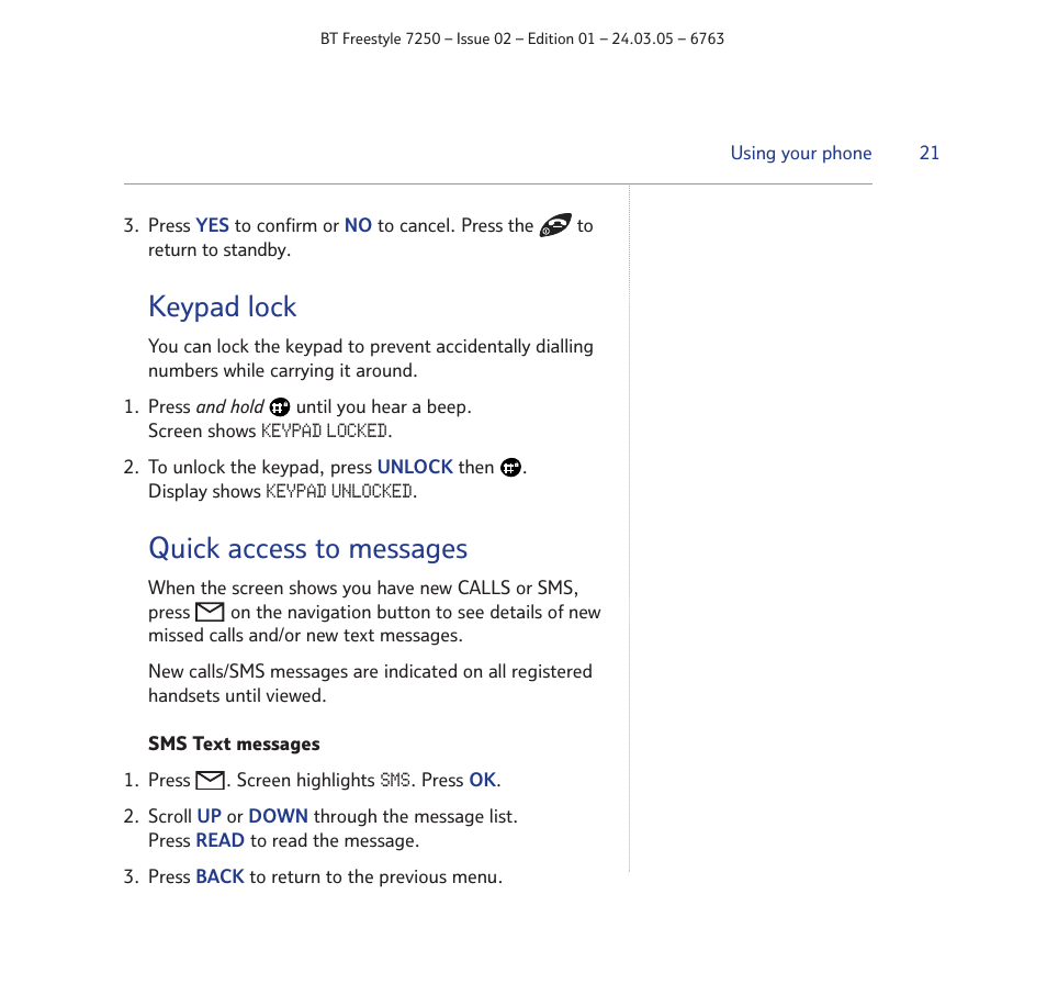 Keypad lock, Quick access to messages | BT FREESTYLE 7250 User Manual | Page 21 / 88