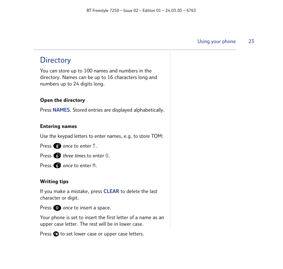 Directory | BT FREESTYLE 7250 User Manual | Page 23 / 88