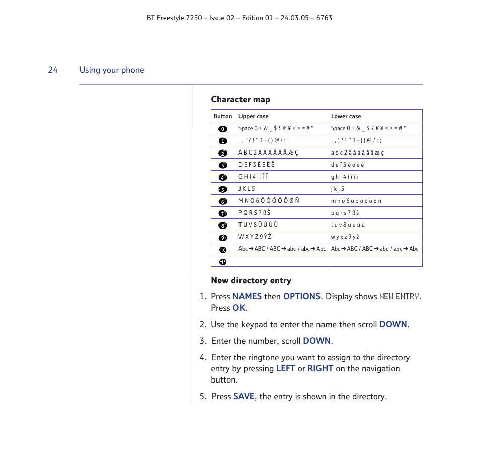 New entry, Character map | BT FREESTYLE 7250 User Manual | Page 24 / 88