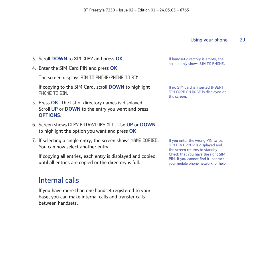 Internal calls | BT FREESTYLE 7250 User Manual | Page 29 / 88