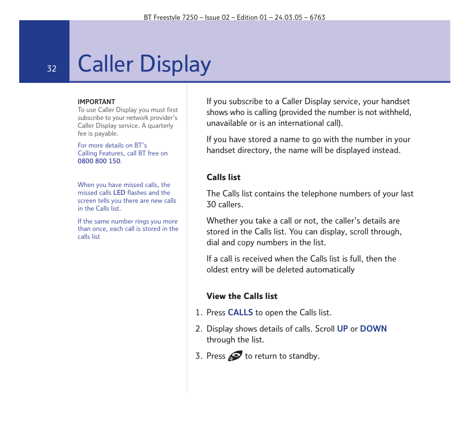 Caller display | BT FREESTYLE 7250 User Manual | Page 32 / 88