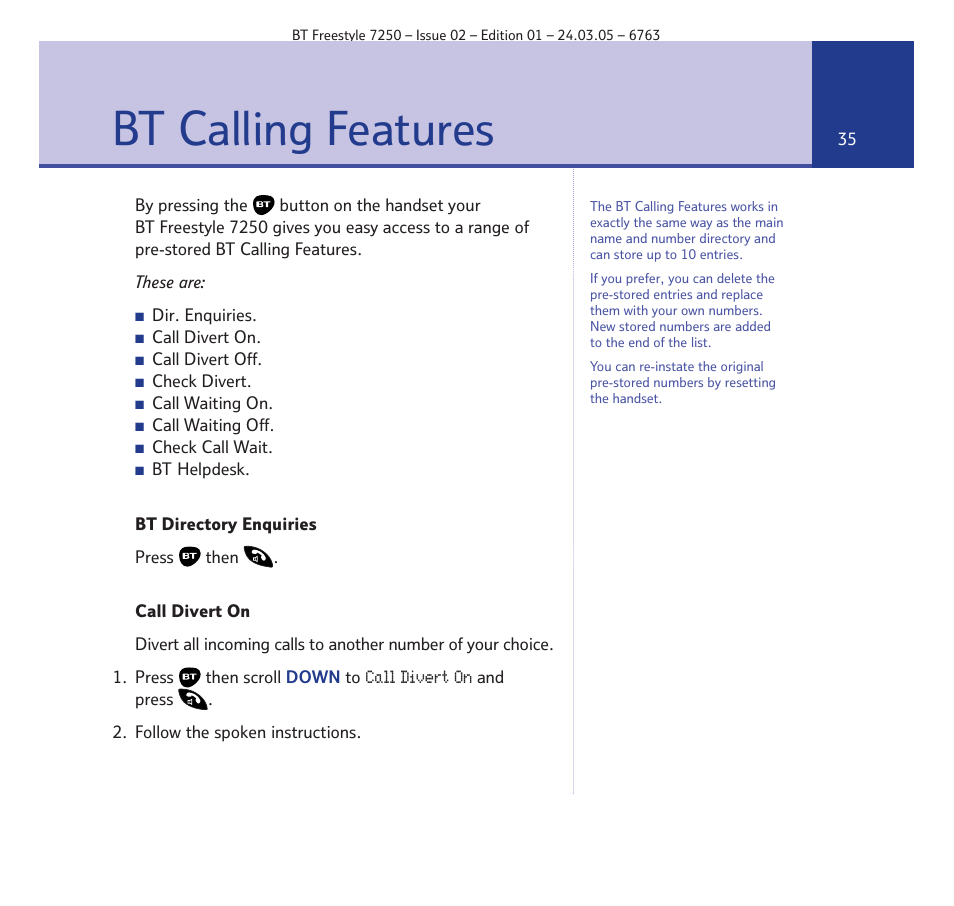 Bt calling features | BT FREESTYLE 7250 User Manual | Page 35 / 88