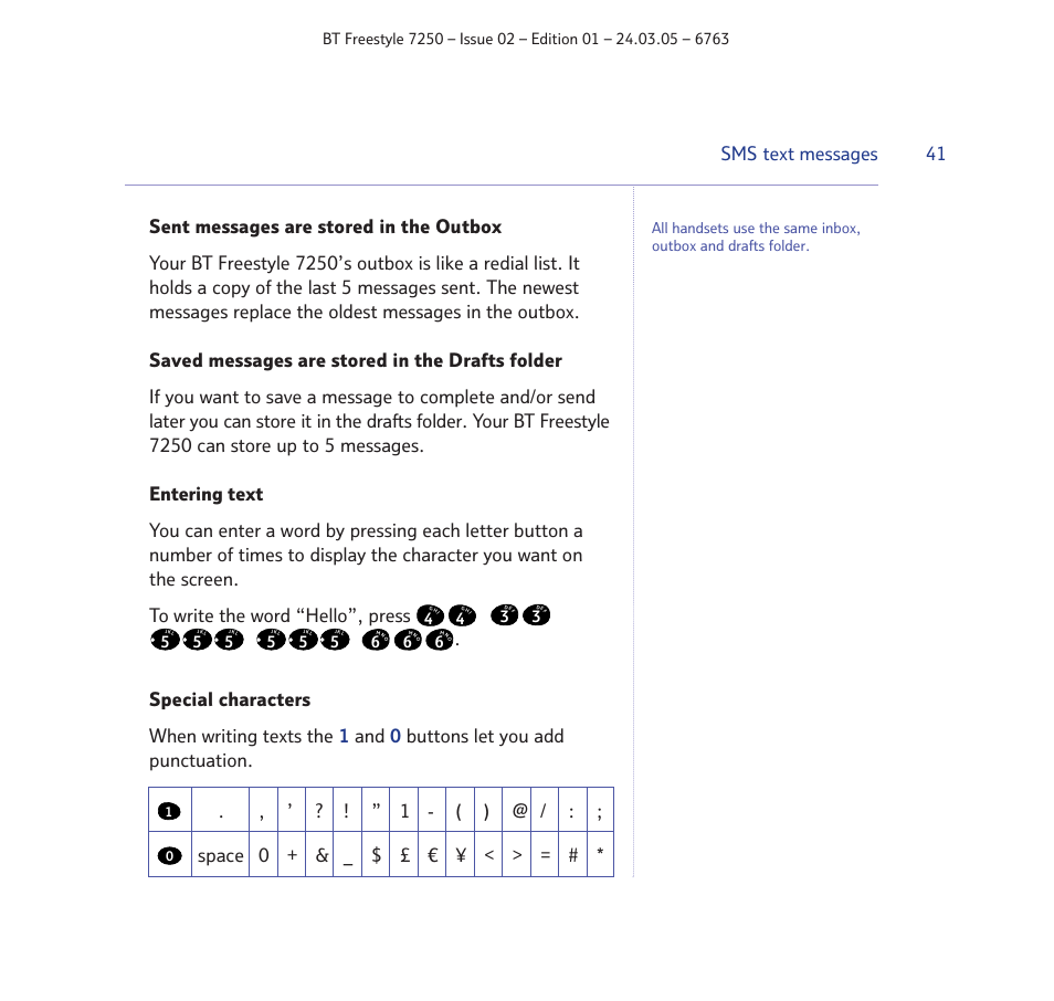 1 - ( ) @ / : ; space 0, Sms text messages | BT FREESTYLE 7250 User Manual | Page 41 / 88