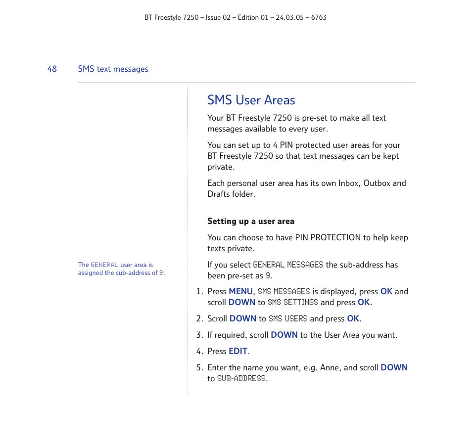 Sms user areas | BT FREESTYLE 7250 User Manual | Page 48 / 88