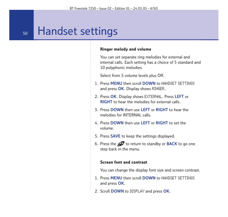 Handset settings | BT FREESTYLE 7250 User Manual | Page 50 / 88