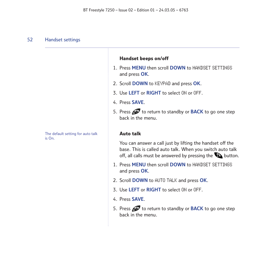 BT FREESTYLE 7250 User Manual | Page 52 / 88