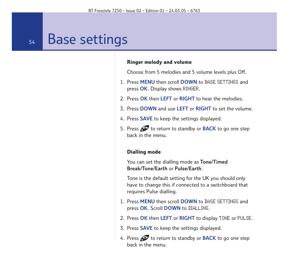 Base settings | BT FREESTYLE 7250 User Manual | Page 54 / 88