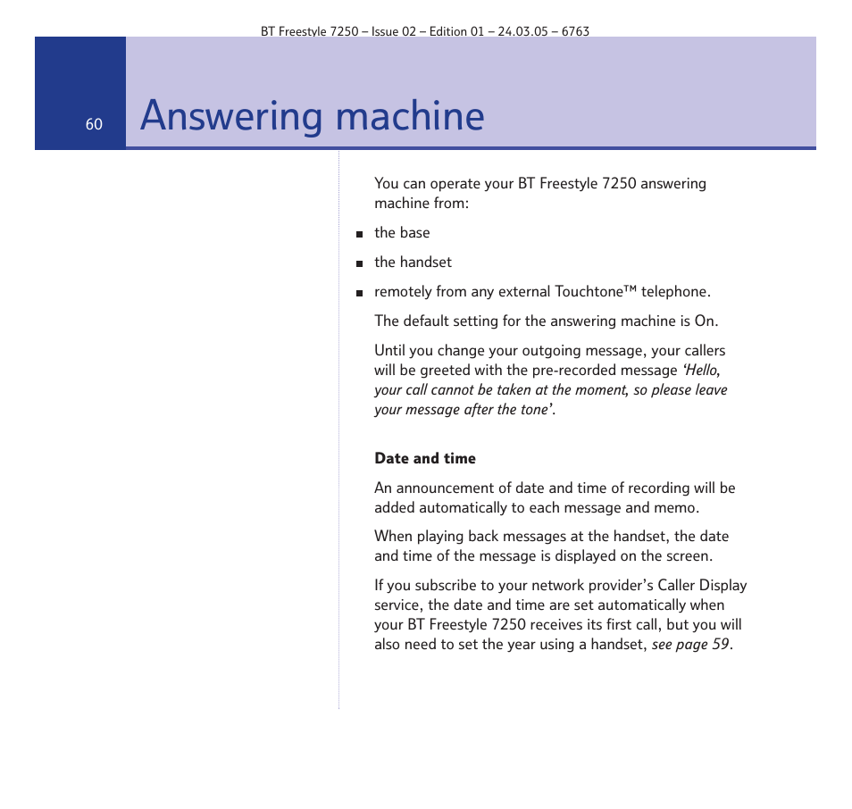 Answering machine | BT FREESTYLE 7250 User Manual | Page 60 / 88