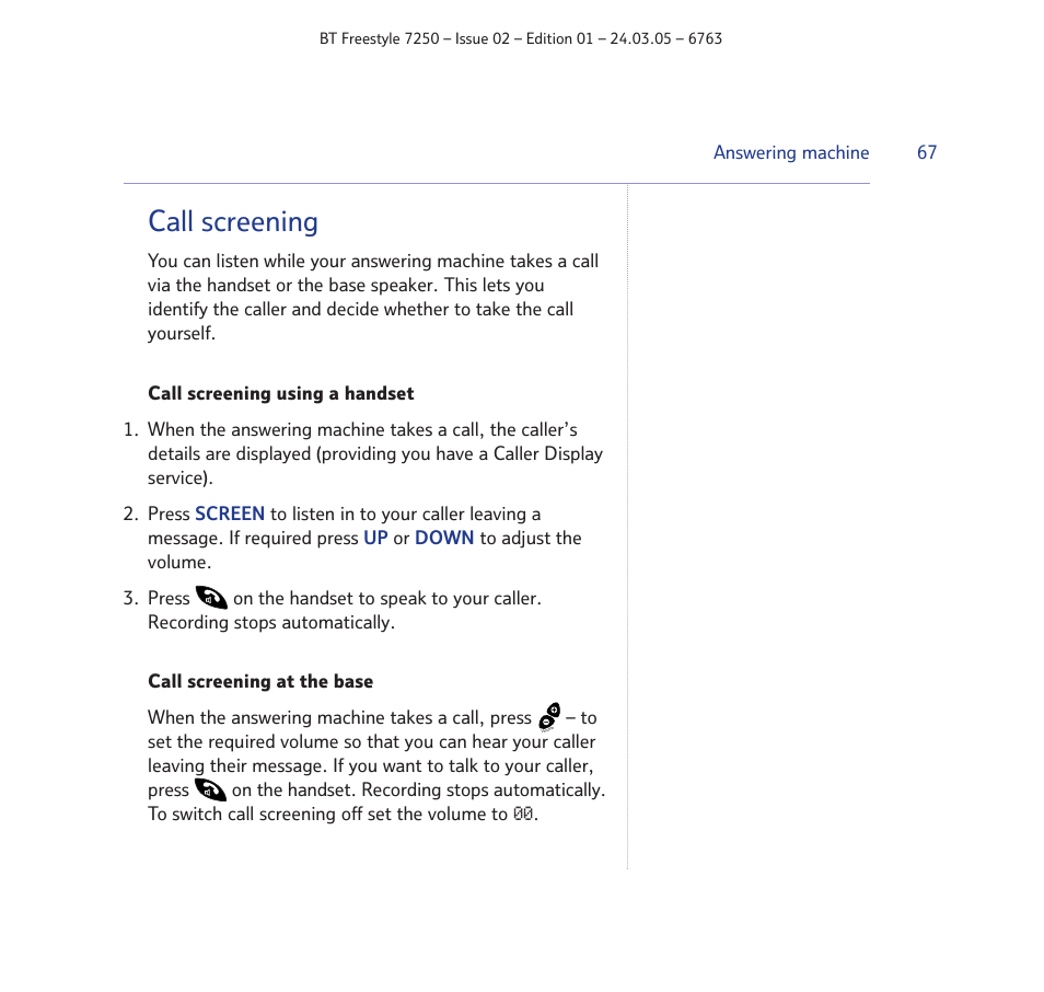 Call screening | BT FREESTYLE 7250 User Manual | Page 67 / 88