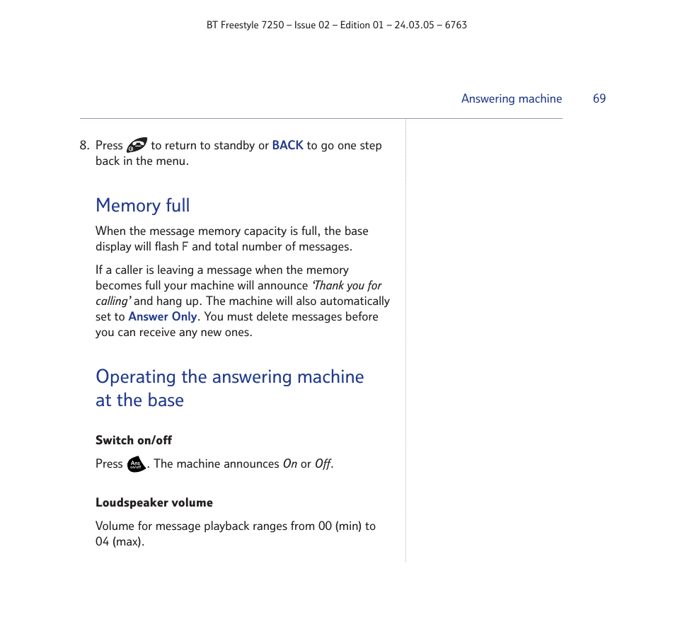 Operating the answering machine at the base | BT FREESTYLE 7250 User Manual | Page 69 / 88