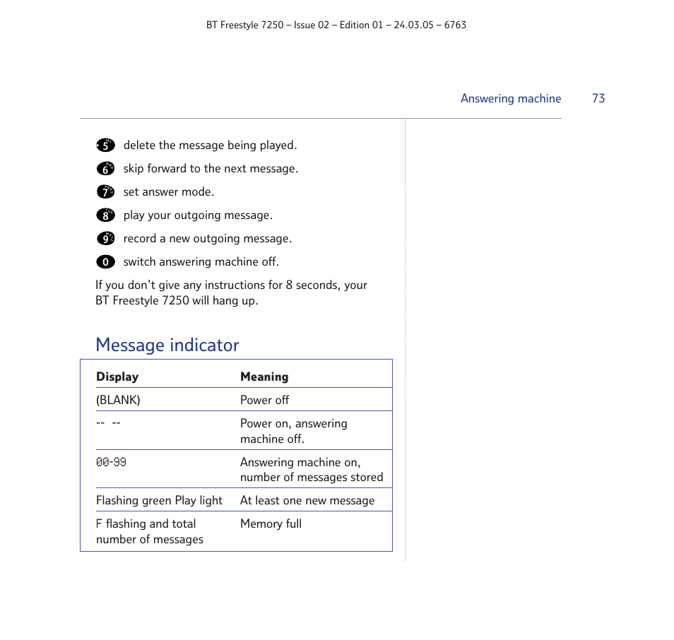 Message indicator | BT FREESTYLE 7250 User Manual | Page 73 / 88