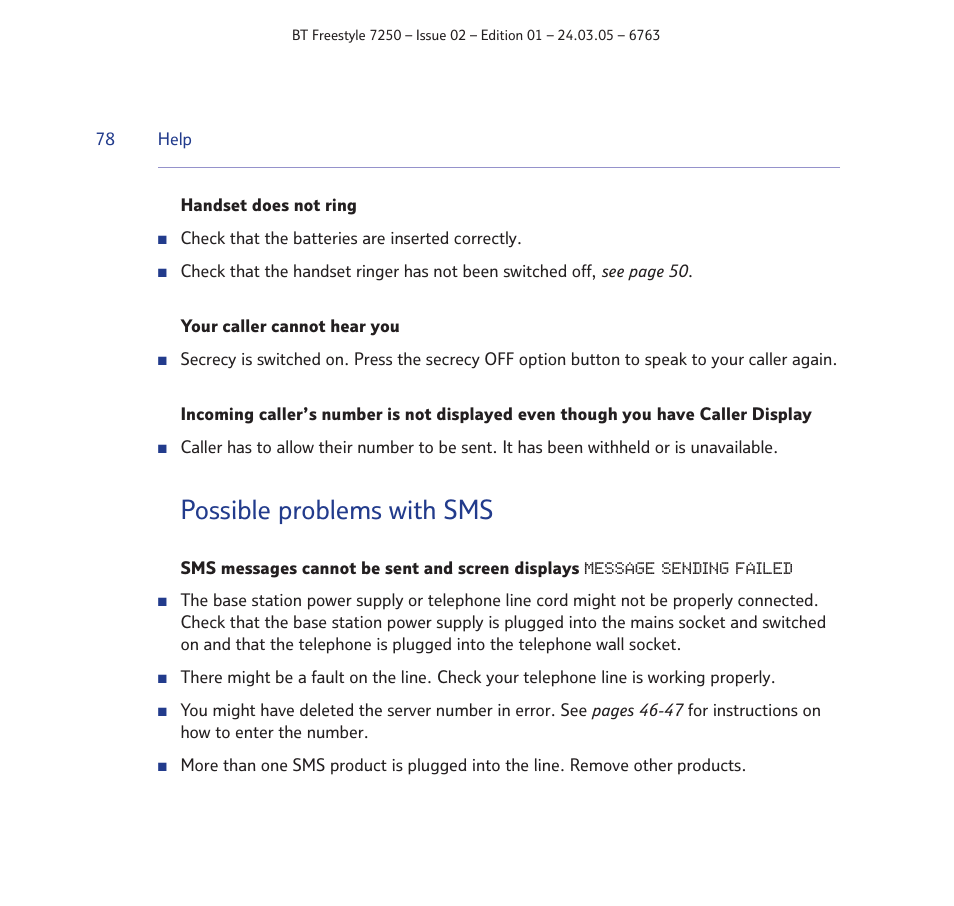 Possible problems with sms | BT FREESTYLE 7250 User Manual | Page 78 / 88