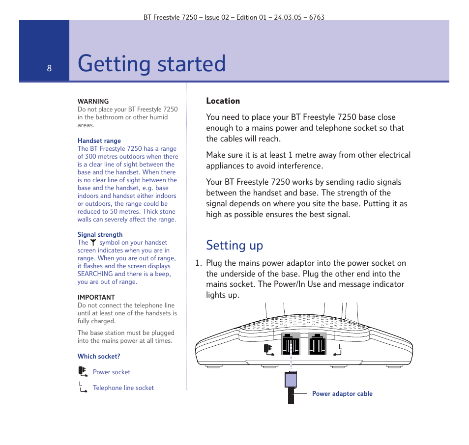 Getting started, Setting up | BT FREESTYLE 7250 User Manual | Page 8 / 88