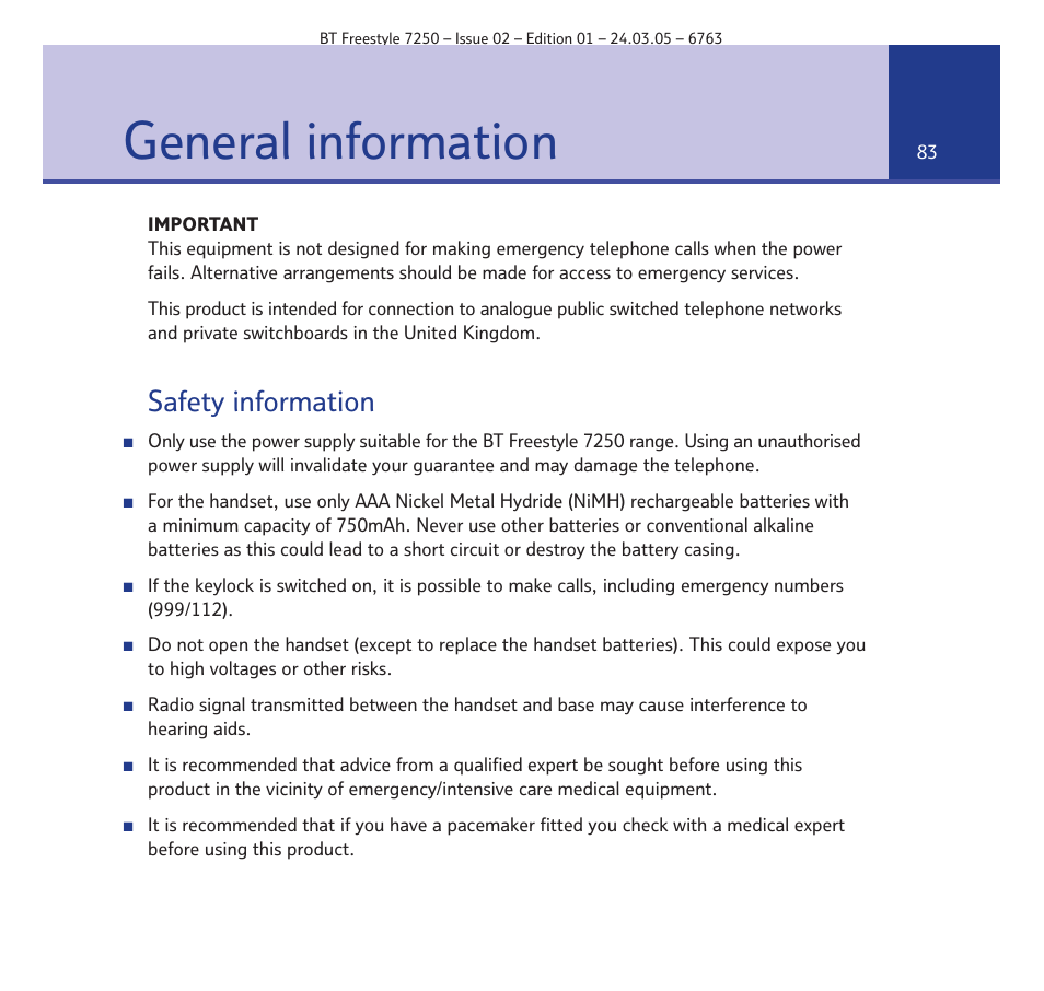 General information, Safety information | BT FREESTYLE 7250 User Manual | Page 83 / 88