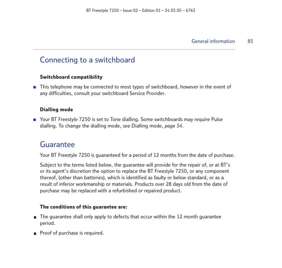Connecting to a switchboard, Guarantee | BT FREESTYLE 7250 User Manual | Page 85 / 88