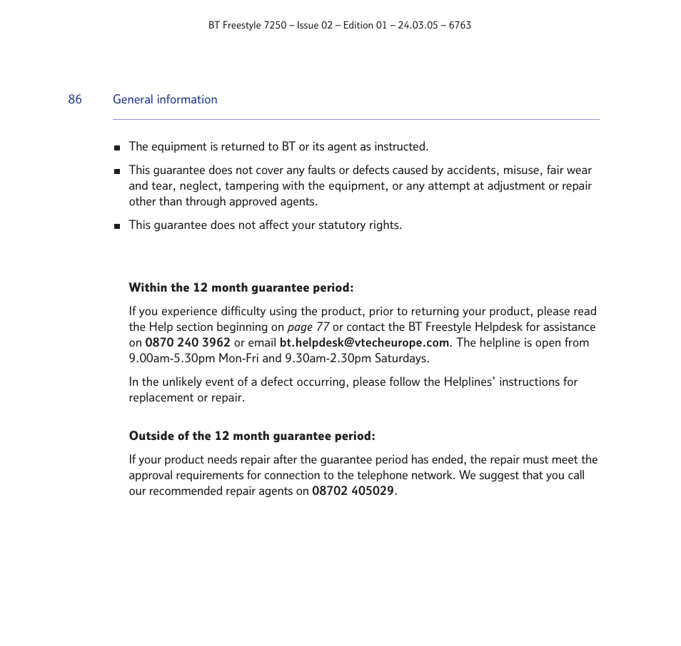 BT FREESTYLE 7250 User Manual | Page 86 / 88