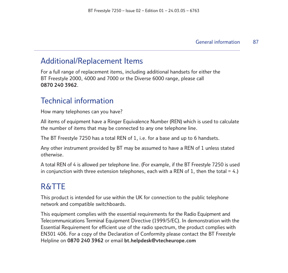 Additional/replacement items, Technical information, R&tte | BT FREESTYLE 7250 User Manual | Page 87 / 88