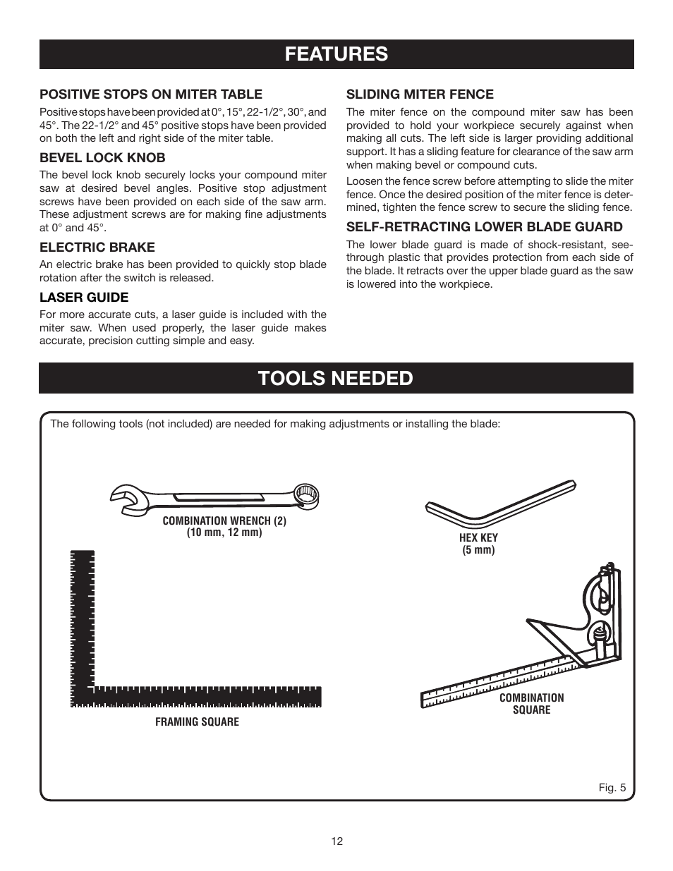 Features, Tools needed | Ryobi TS1552LA User Manual | Page 12 / 34