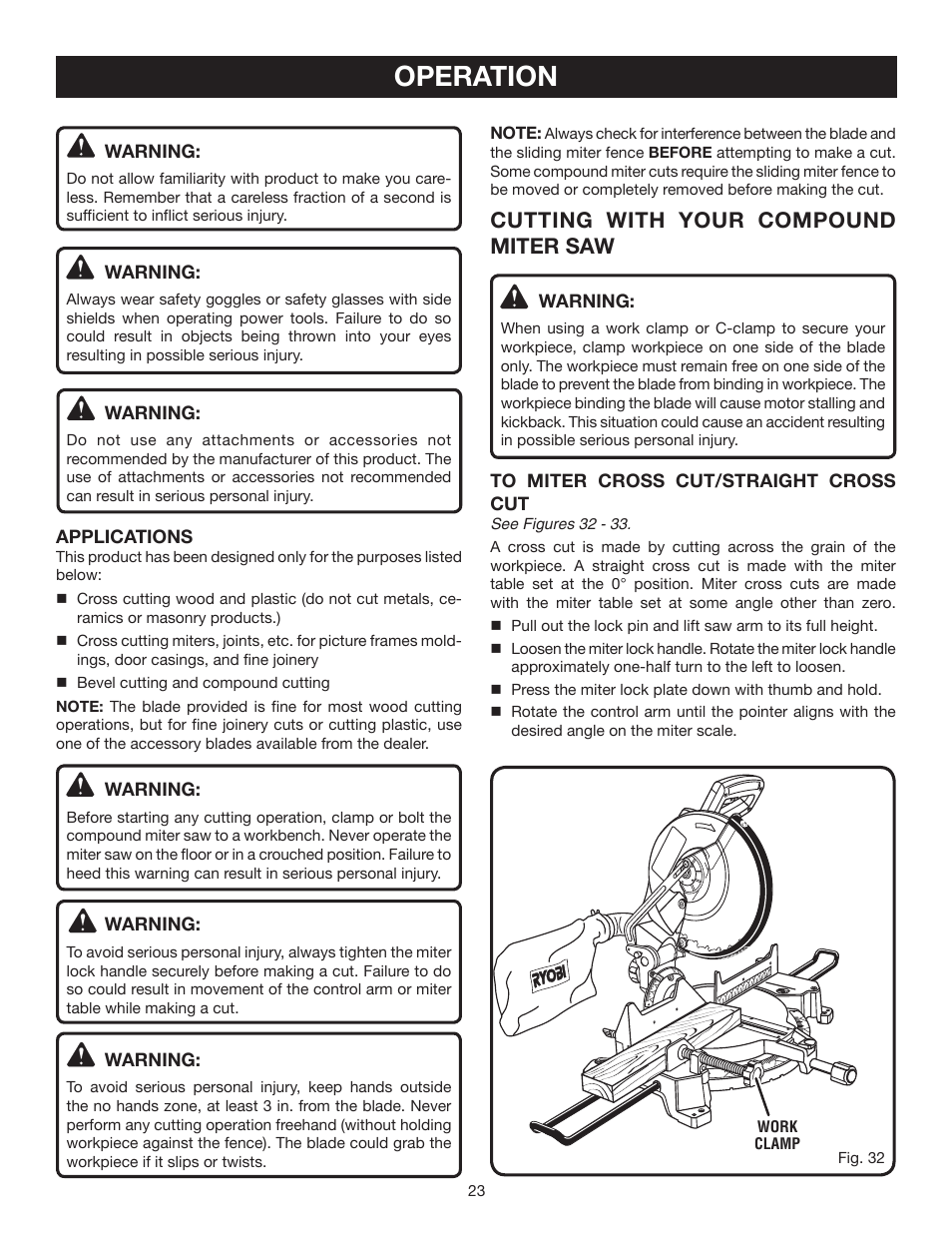 Operation, Cutting with your compound miter saw | Ryobi TS1552LA User Manual | Page 23 / 34