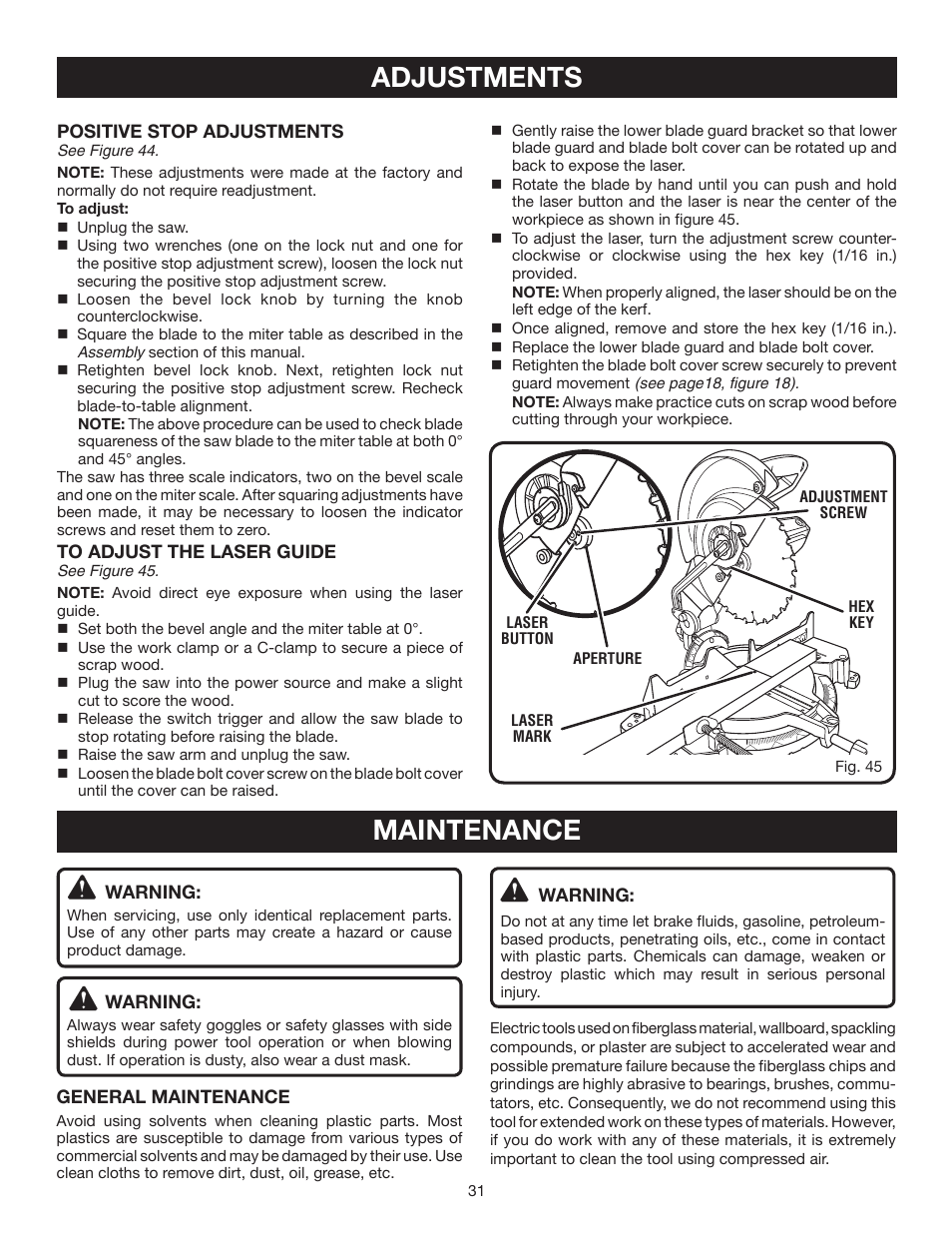 Maintenance, Adjustments | Ryobi TS1552LA User Manual | Page 31 / 34