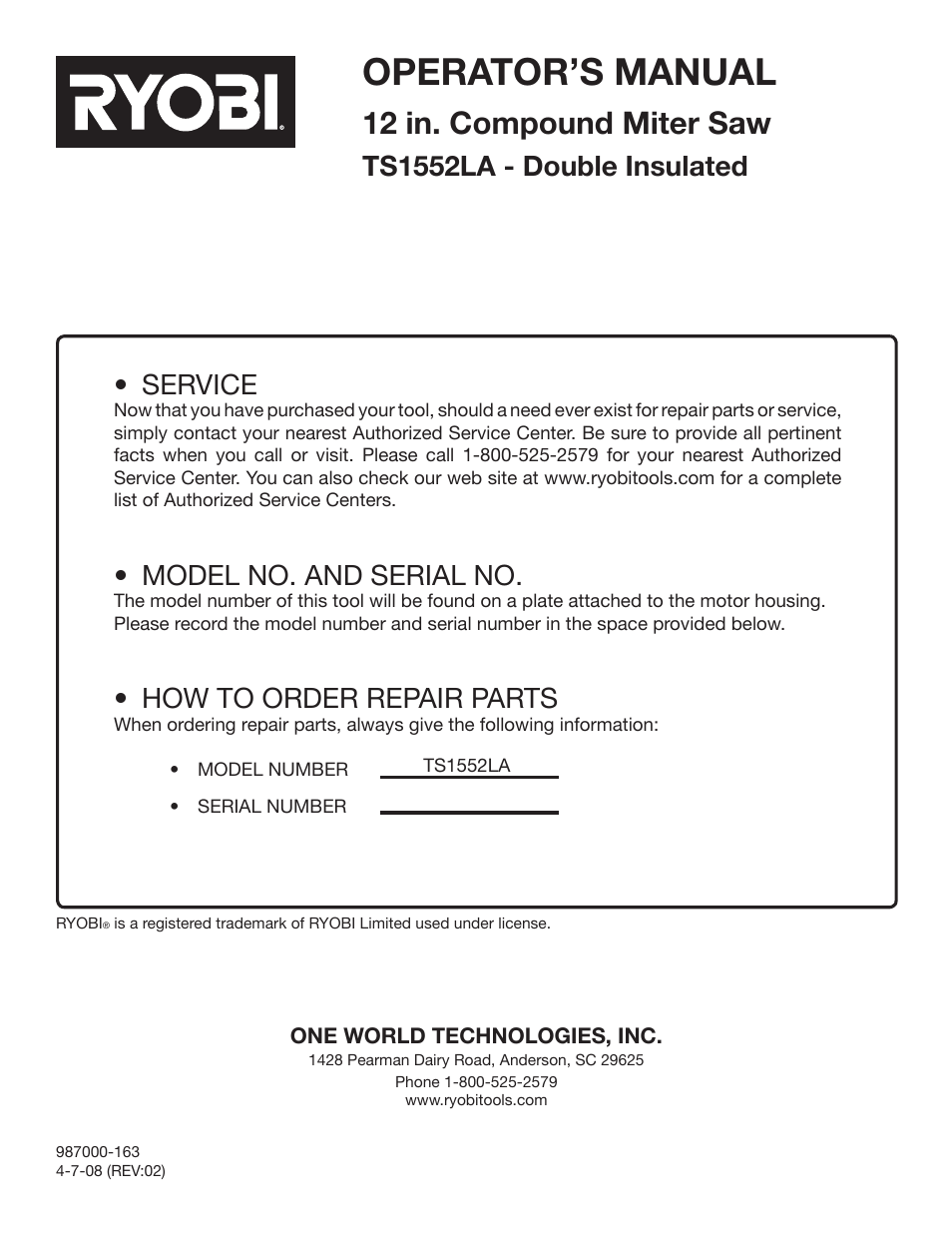 Operator’s manual, 12 in. compound miter saw, Service | Model no. and serial no, How to order repair parts, Ts1552la - double insulated | Ryobi TS1552LA User Manual | Page 34 / 34