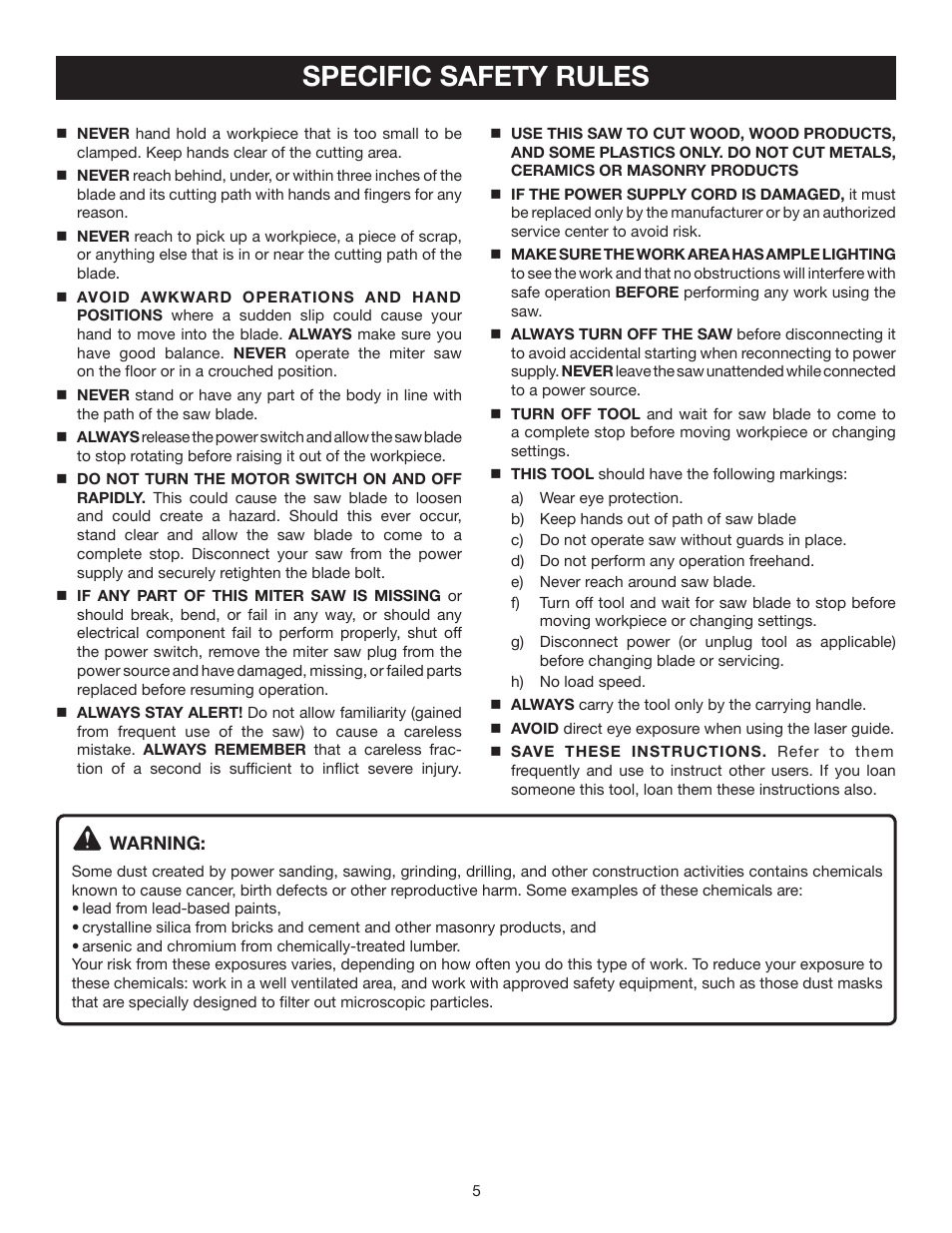 Specific safety rules | Ryobi TS1552LA User Manual | Page 5 / 34