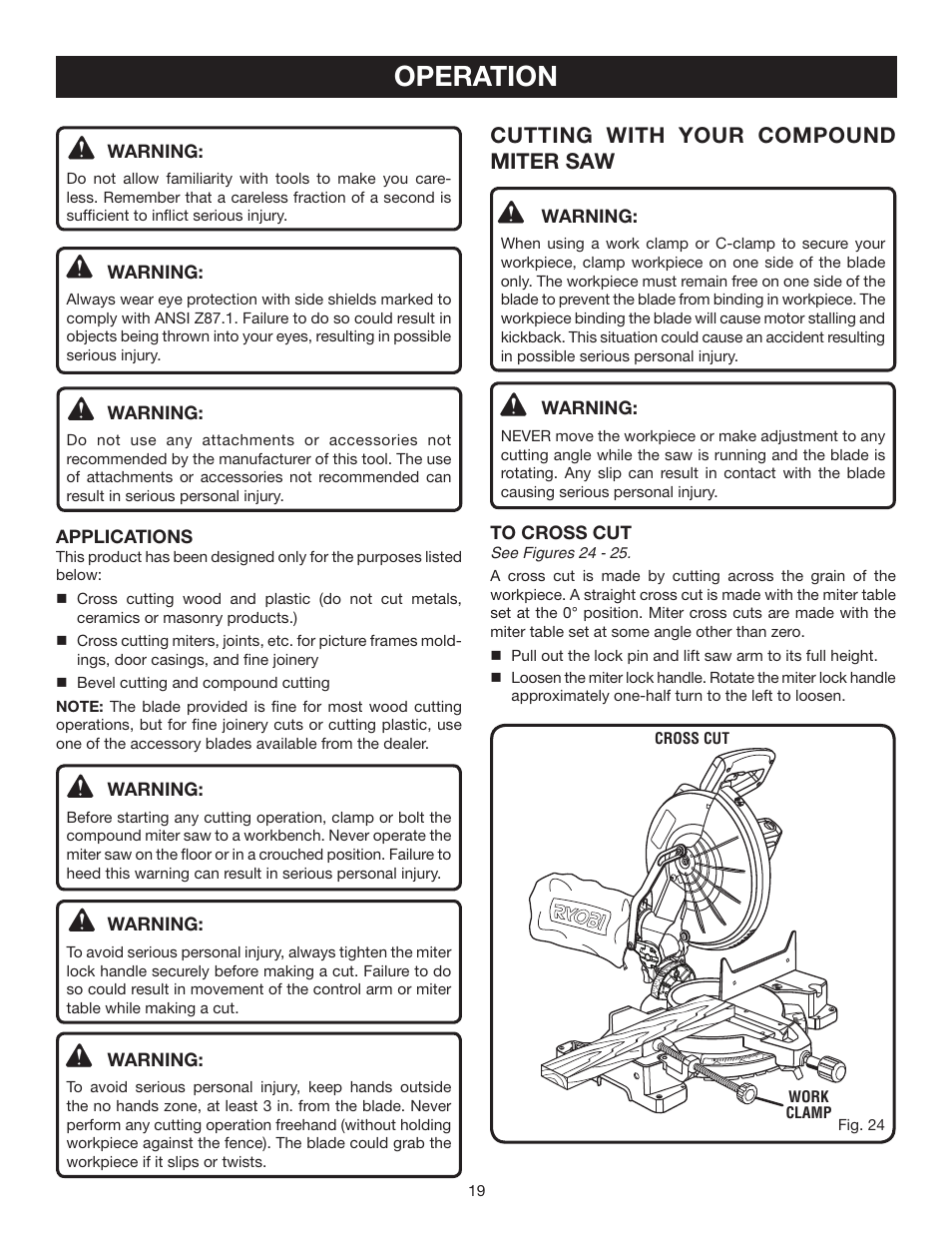 Operation, Cutting with your compound miter saw | Ryobi TS1553 User Manual | Page 19 / 28