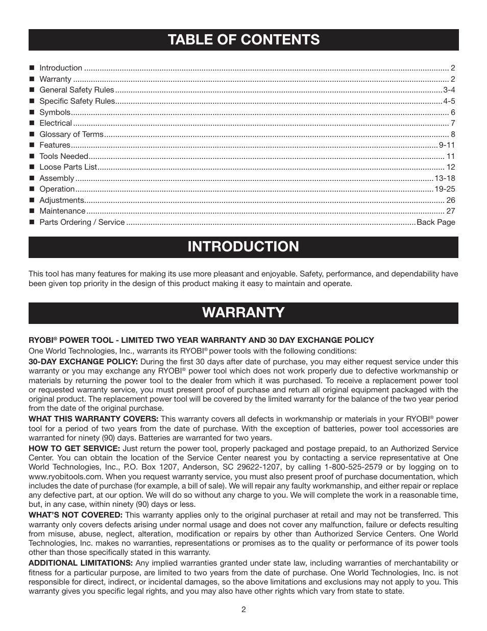 Table of contents introduction, Warranty | Ryobi TS1553 User Manual | Page 2 / 28