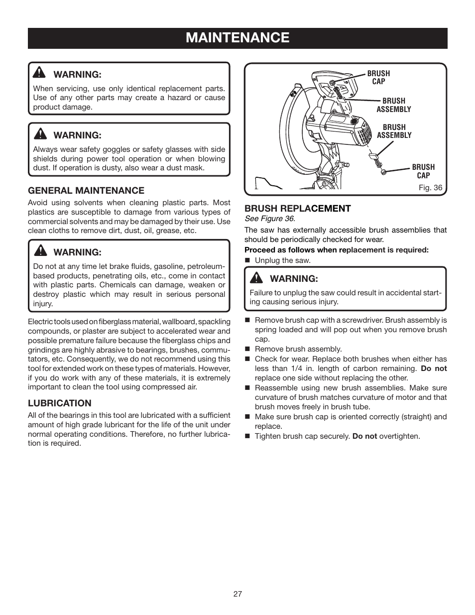 Maintenance | Ryobi TS1553 User Manual | Page 27 / 28