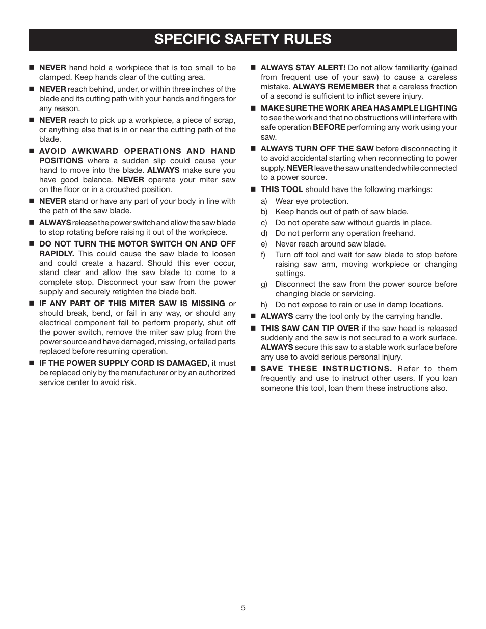 Specific safety rules | Ryobi TS1553 User Manual | Page 5 / 28