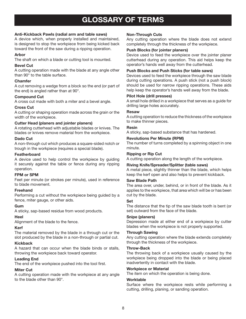 Glossary of terms | Ryobi TS1553 User Manual | Page 8 / 28