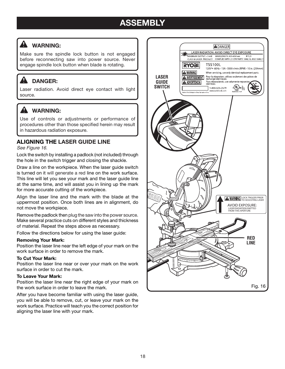 Assembly | Ryobi TSS100L User Manual | Page 18 / 36