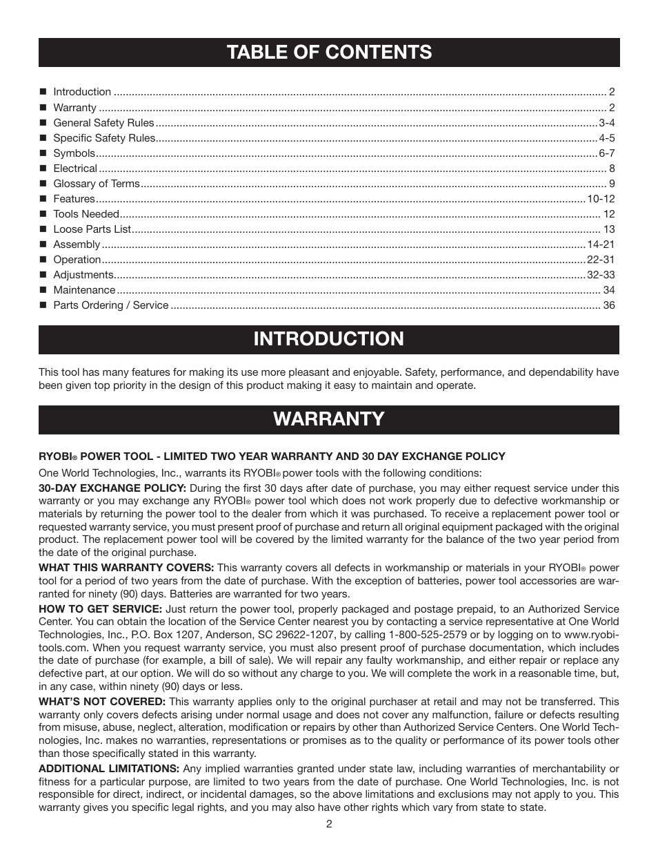 Table of contents introduction, Warranty | Ryobi TSS100L User Manual | Page 2 / 36