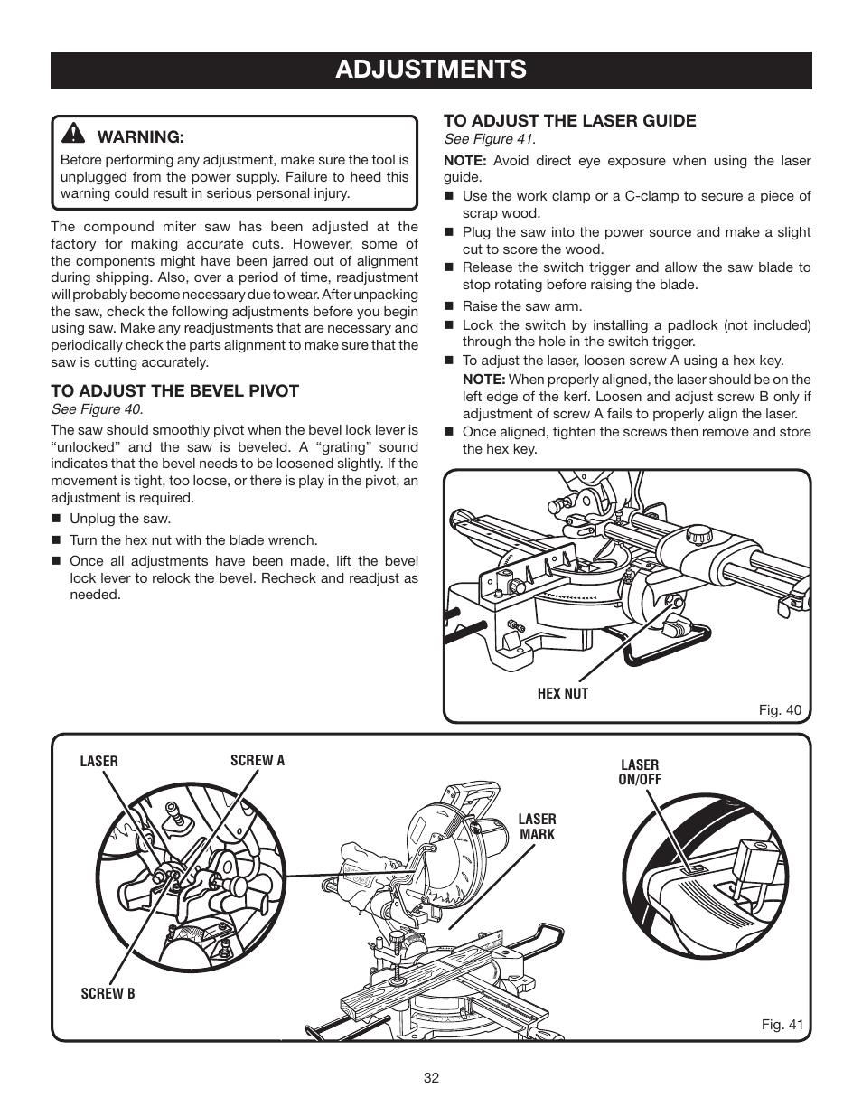 Adjustments | Ryobi TSS100L User Manual | Page 32 / 36