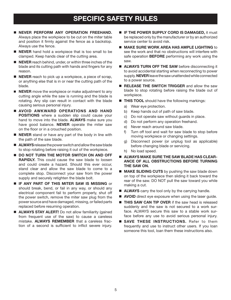 Specific safety rules | Ryobi TSS100L User Manual | Page 5 / 36