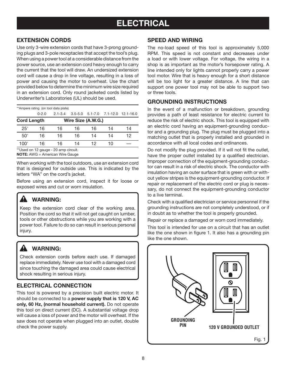 Electrical | Ryobi TSS100L User Manual | Page 8 / 36