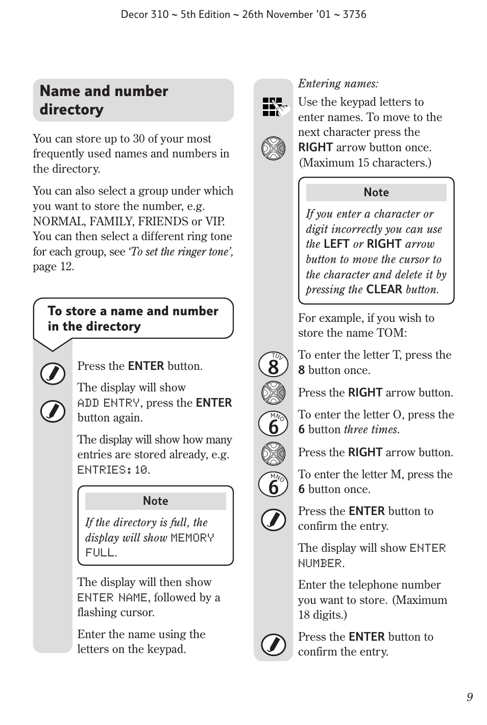 Name and number directory | BT 310 User Manual | Page 10 / 28