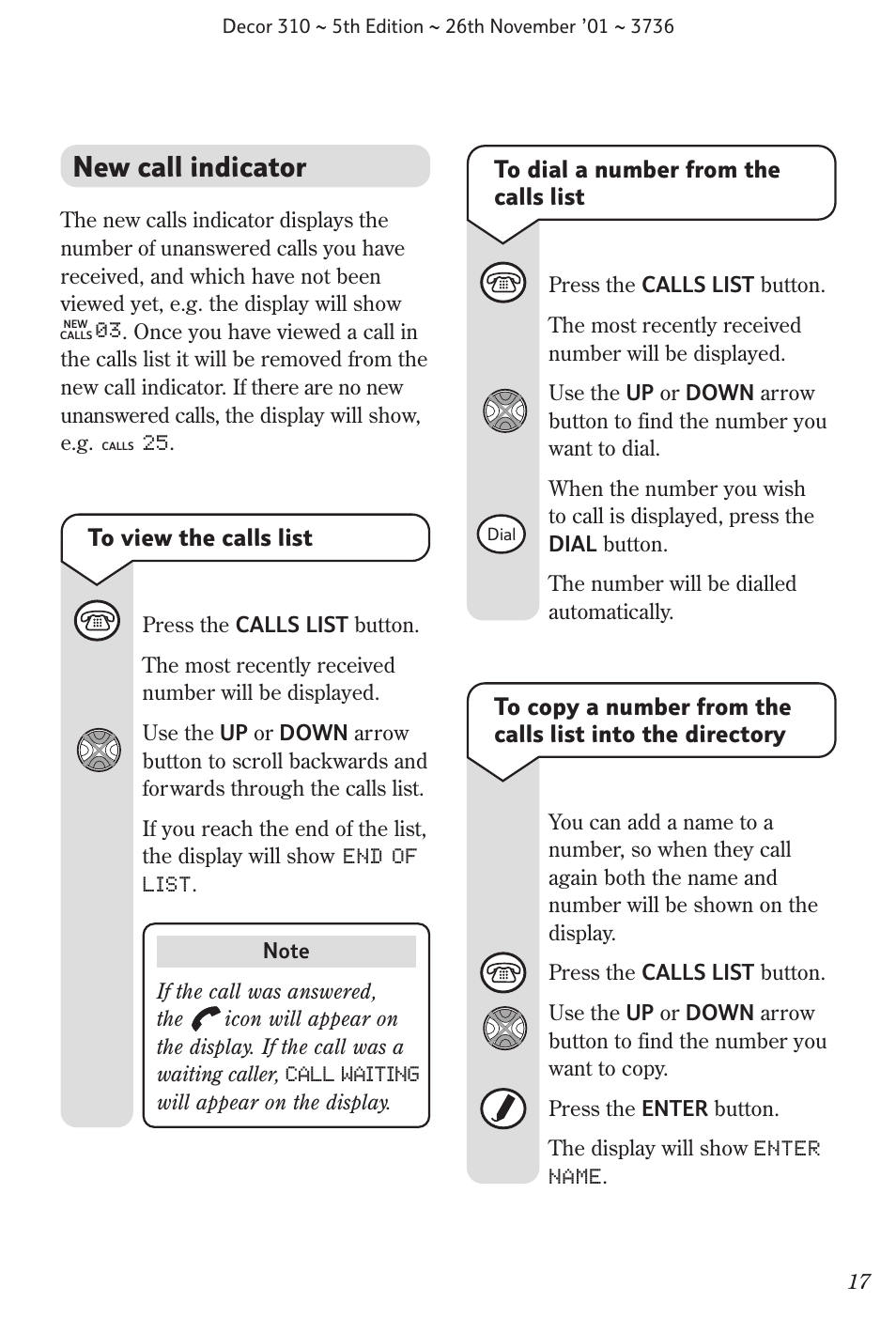 New call indicator | BT 310 User Manual | Page 18 / 28