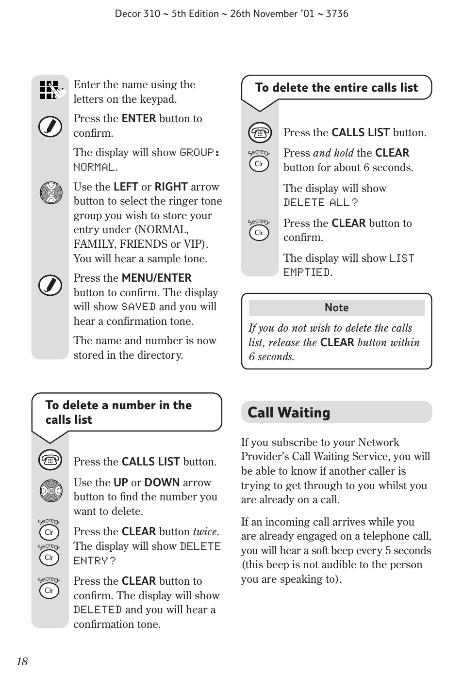 Call waiting | BT 310 User Manual | Page 19 / 28