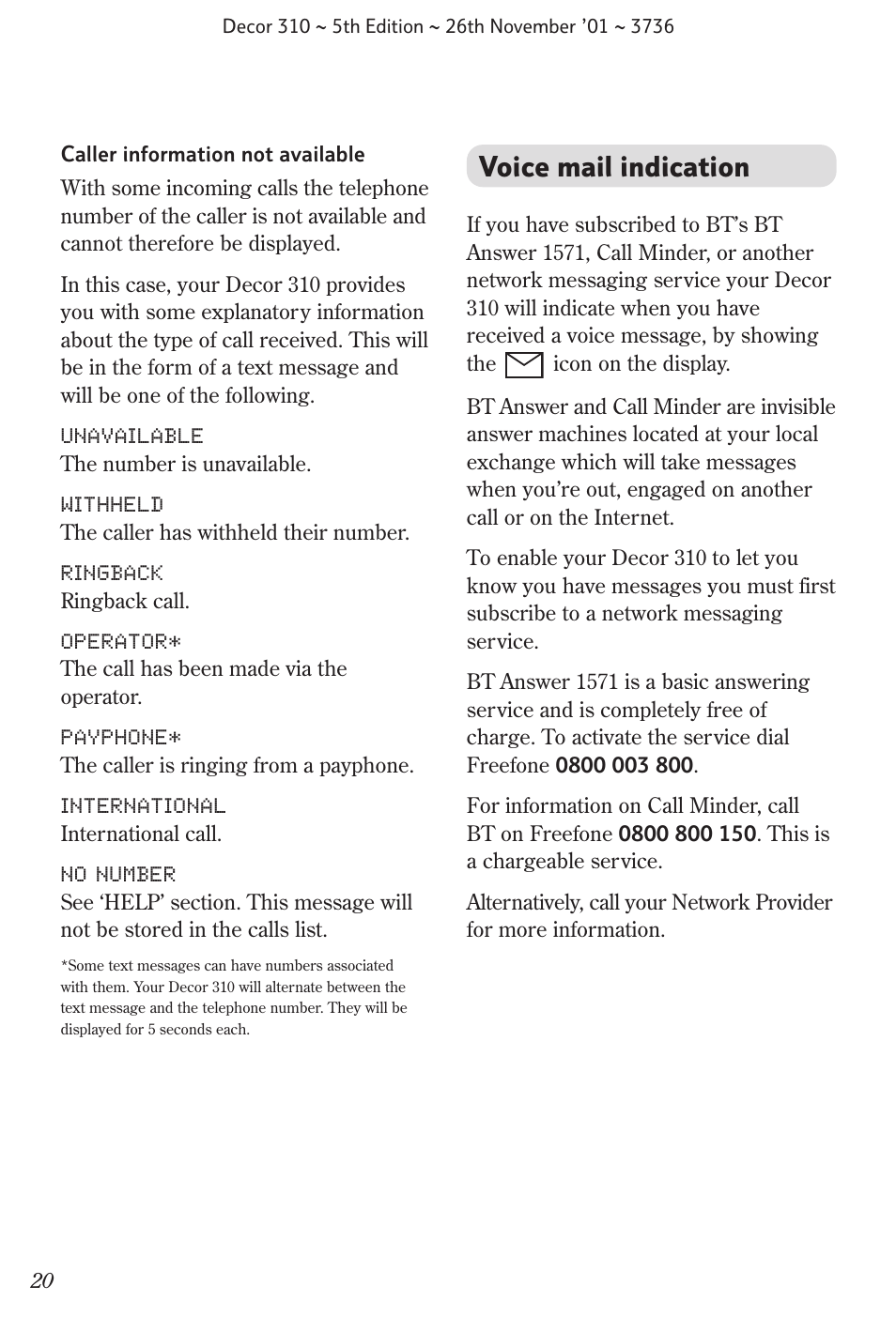 Voice mail indication | BT 310 User Manual | Page 21 / 28