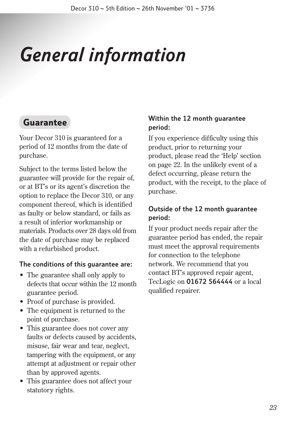General information, Guarantee | BT 310 User Manual | Page 24 / 28
